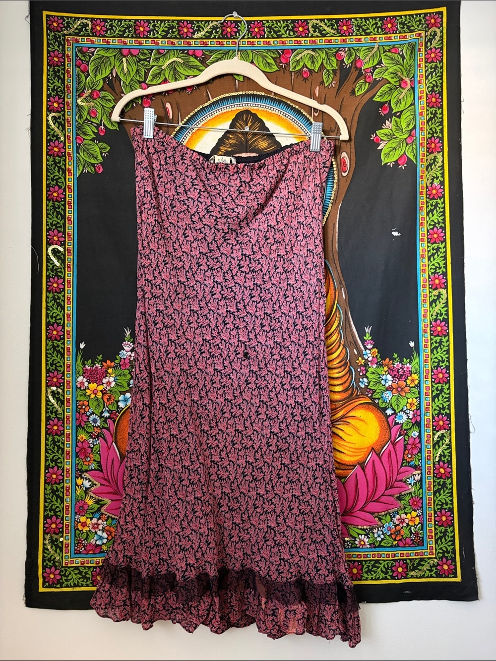 April Cornell Rose Pink Floral Maxi Skirt with Black Trim
